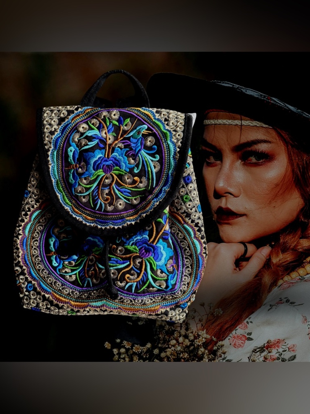 Boho Embroidered Peacock Floral Canvas Backpack Black Blue Purple